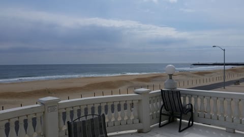 On the beach, sun loungers