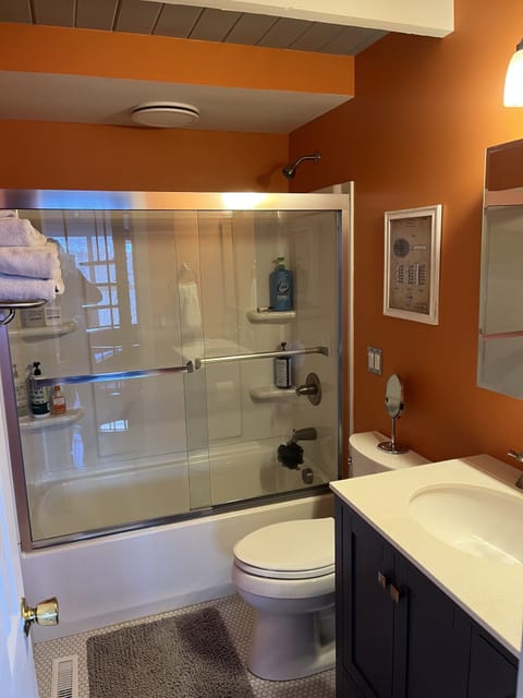 Combined shower/tub, hair dryer, towels, soap