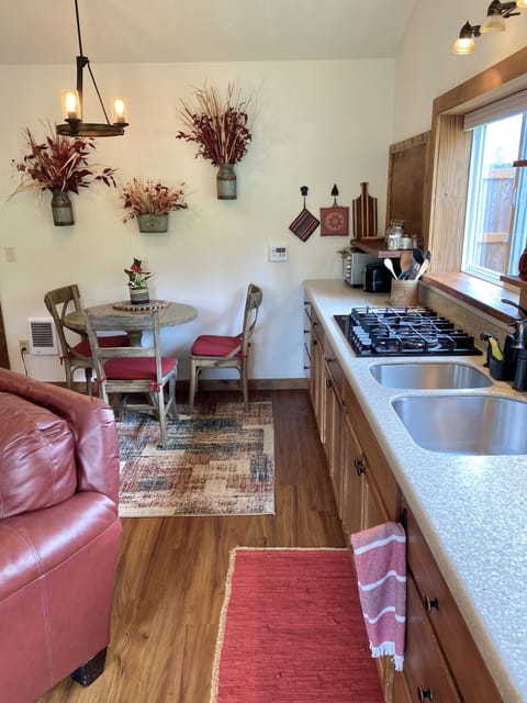 Kitchen has everything: spices, herbs, condiments, coffee, teas and more.