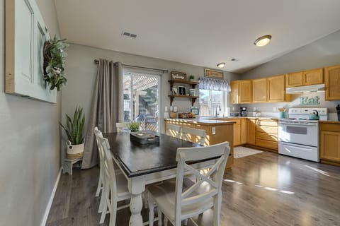 Dining table to seat 6. We also have a high chair and booster seat if needed.