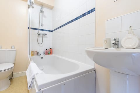 Combined shower/tub, hair dryer, towels, soap