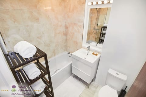 Combined shower/tub, hair dryer, towels