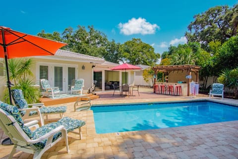Private backyard paradise with heated pool, bar and grill.