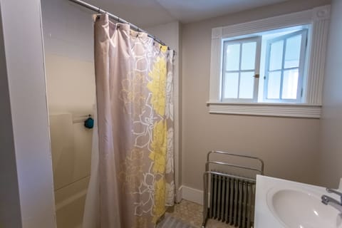 Combined shower/tub, hair dryer, towels