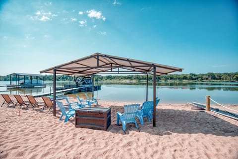 On the beach, sun loungers, beach towels