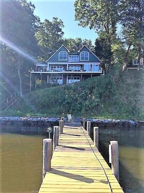 Home with waterfront view and boat dock