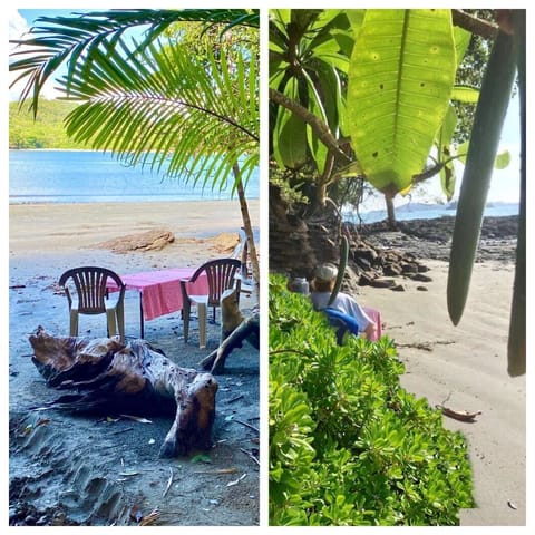 On the beach, sun loungers, beach towels