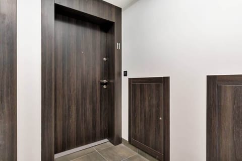 The main entrance to the apartment includes a dark wooden door, complemented by neutral-toned walls and flooring.