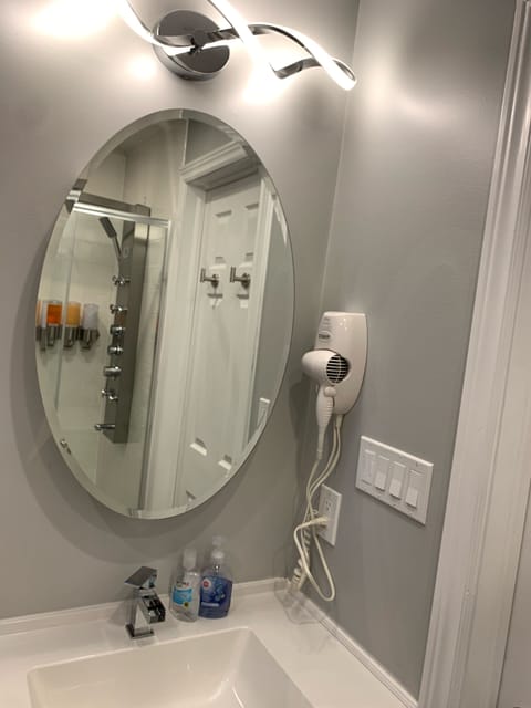 Combined shower/tub, hair dryer, soap, shampoo