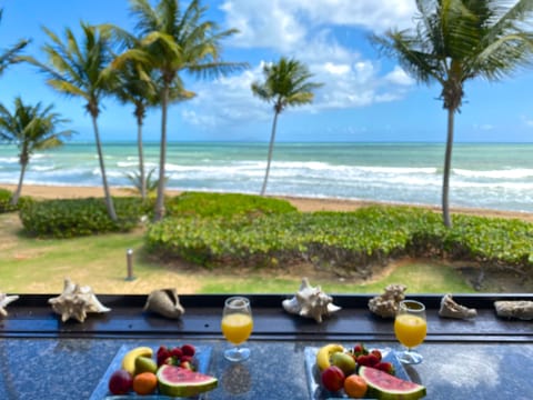 On the beach, sun loungers, beach towels