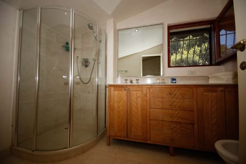 Combined shower/tub, hair dryer, towels