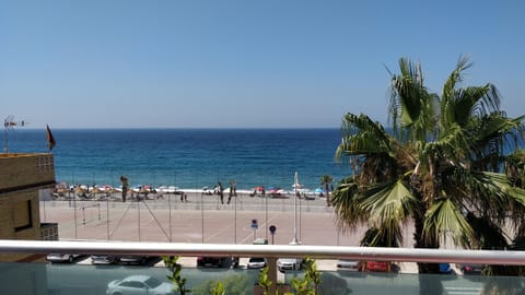 On the beach, sun loungers