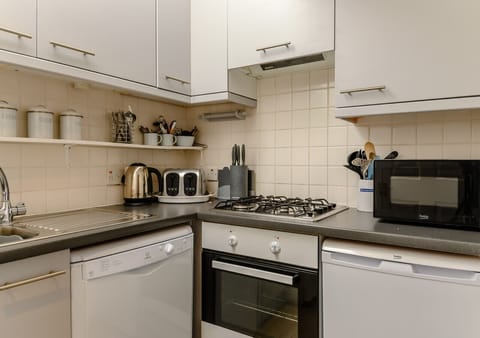 Fridge, microwave, oven, cookware/dishes/utensils