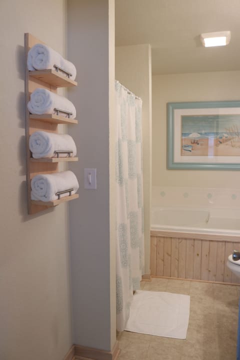 Combined shower/tub, jetted tub, hair dryer, towels