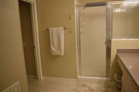 Combined shower/tub, hair dryer, towels