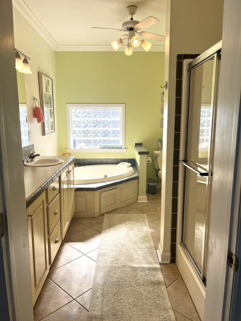 Combined shower/tub, jetted tub, hair dryer, towels