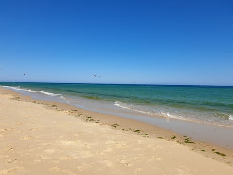 On the beach, sun loungers