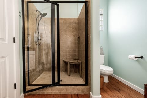 Combined shower/tub, hair dryer, towels