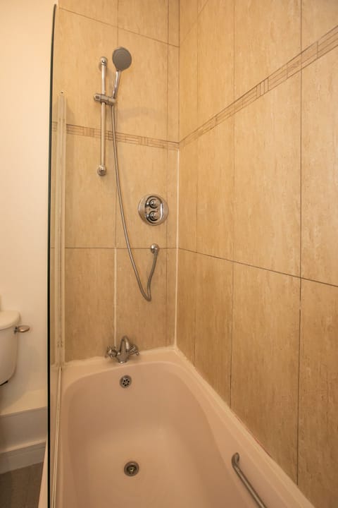 Combined shower/tub, hair dryer, towels, soap