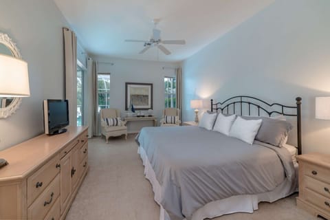 The master bedroom offers a calm retreat that is dressed with a new king mattress and all new bedding.