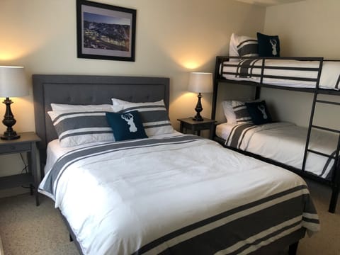 Queen Bed,  twin over twin bunk in the Deer room. Full bath just down the hall. 