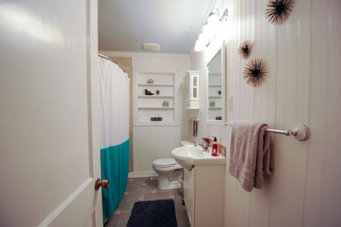 Combined shower/tub, hair dryer, towels, soap