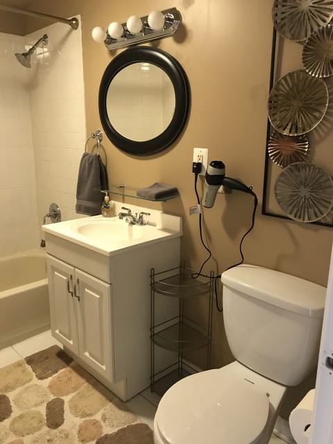 Combined shower/tub, hair dryer, towels, soap