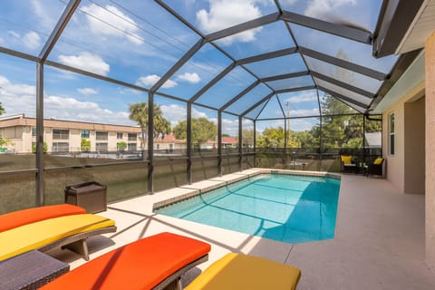 Outdoor pool, a heated pool, sun loungers