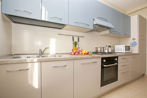 The kitchen counter with dishwasher, cooker hob, oven and microwave