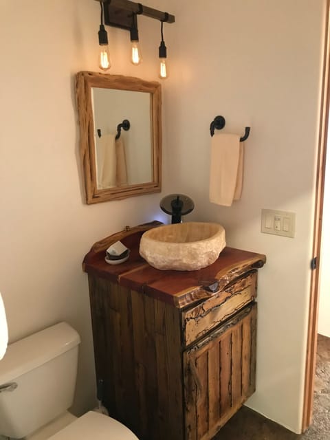 Beautiful second bathroom, walk in shower, calcite vessel sink, waterfall faucet