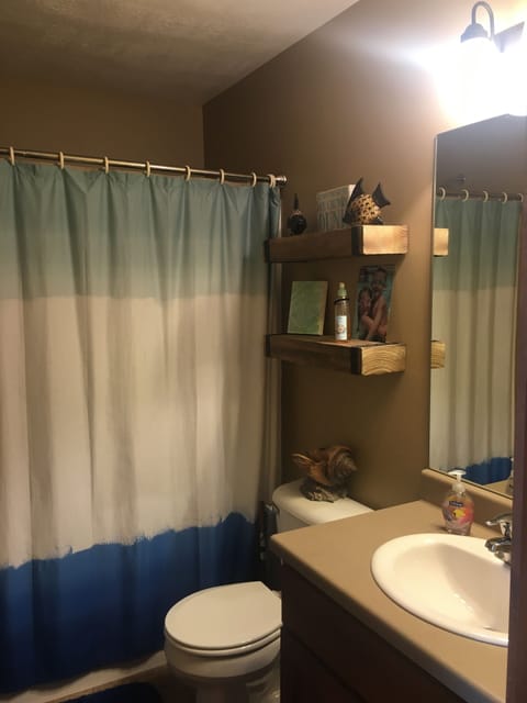 Combined shower/tub, hair dryer, towels