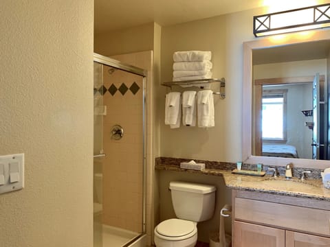 Combined shower/tub, hair dryer, towels, soap