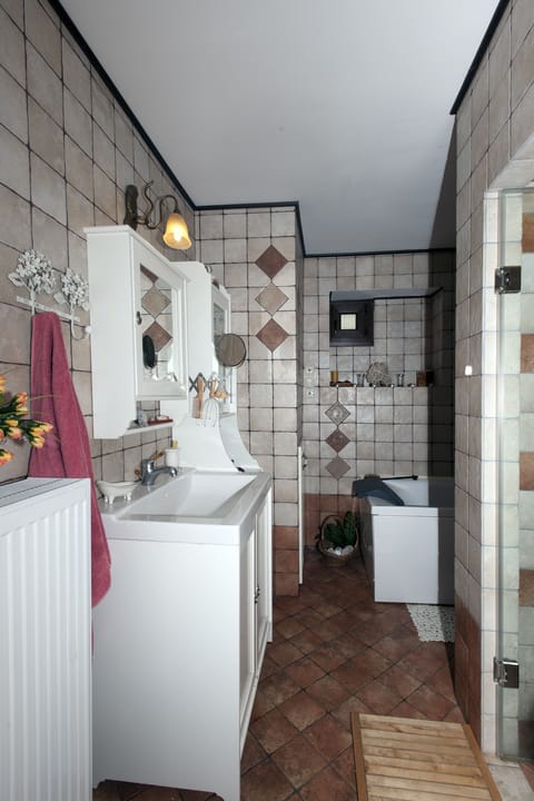 Combined shower/tub, jetted tub, hair dryer, towels