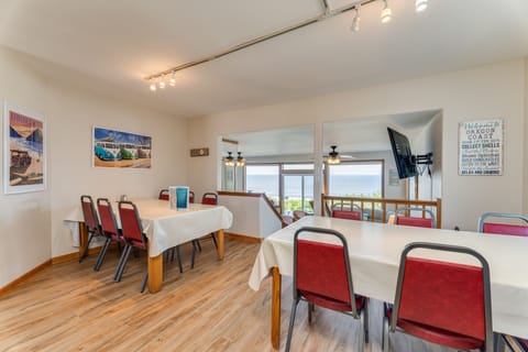 Elevated dining area provides enough seating for the whole group.