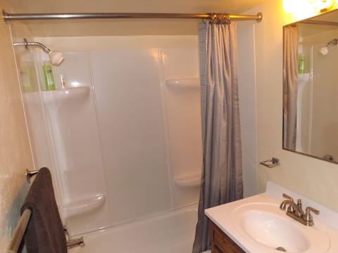 Combined shower/tub, hair dryer, towels, soap