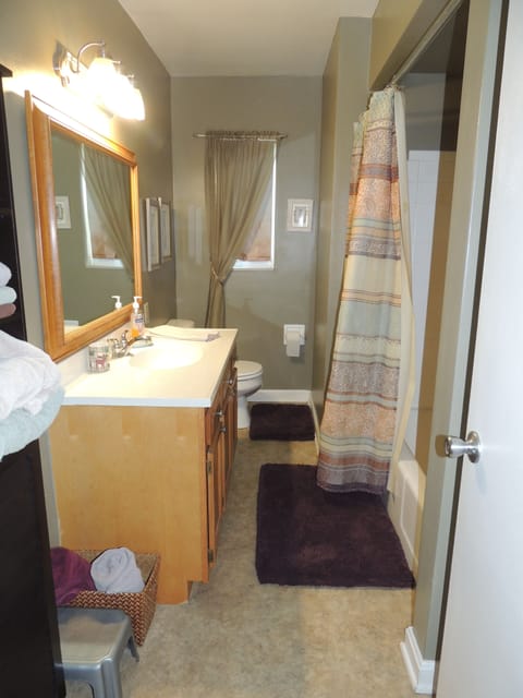 Combined shower/tub, hair dryer, towels, soap