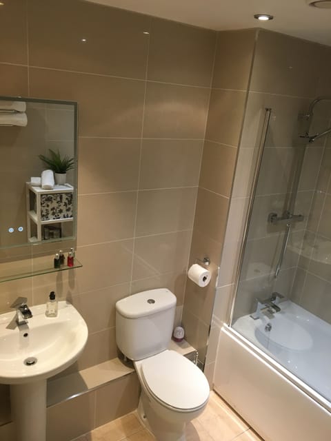 Combined shower/tub, hair dryer, towels, soap