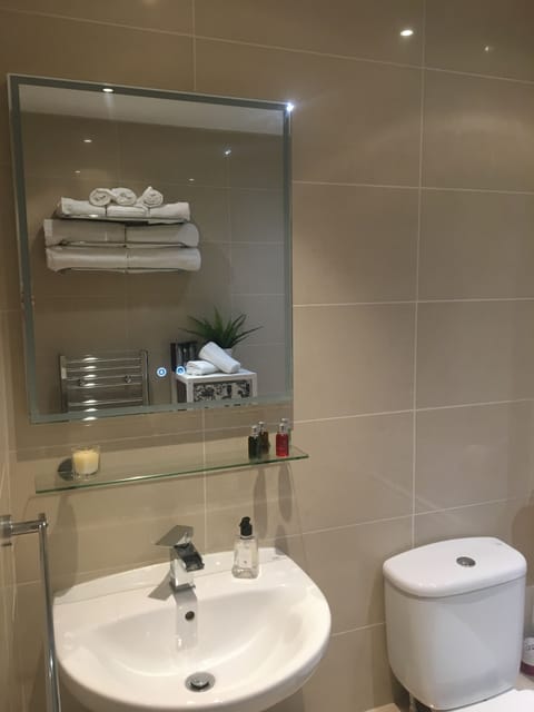 Combined shower/tub, hair dryer, towels, soap