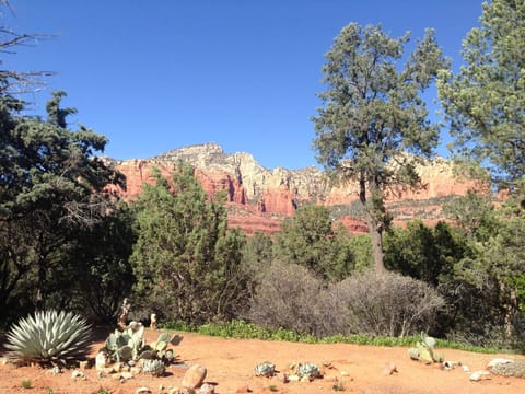 Back yard views of Sedona`s jagged red rocks