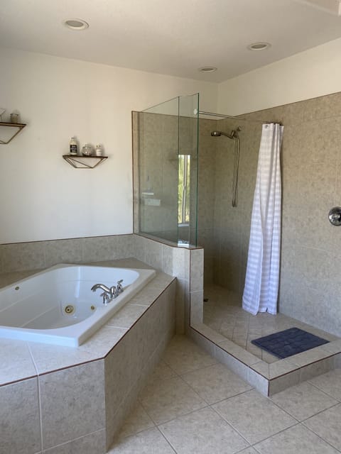 Combined shower/tub, hair dryer, towels, soap