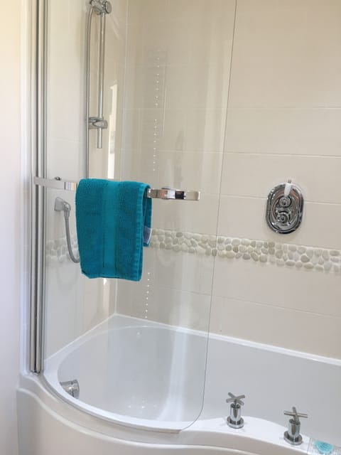 Combined shower/tub, hair dryer, towels