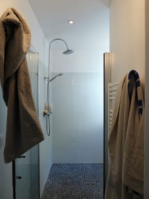 Combined shower/tub, hair dryer, towels