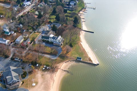 Aerial view of Sandaway Suites & Beach in Oxford, MD.