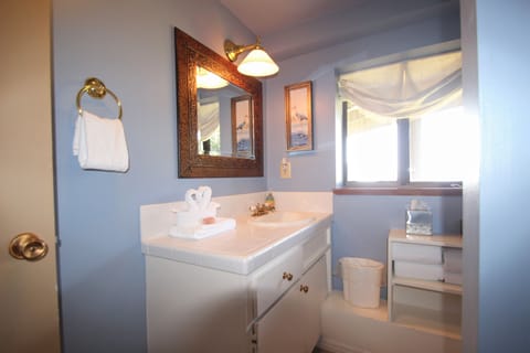 Separate tub and shower, hair dryer, towels