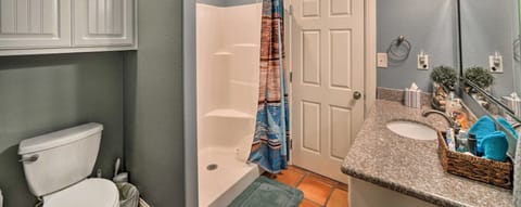 Combined shower/tub, hair dryer, towels, soap