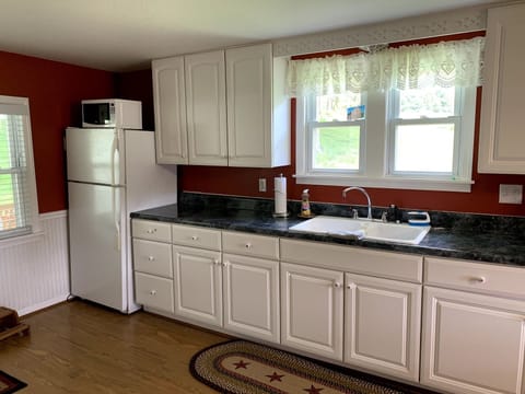 Fridge, microwave. No dishwasher