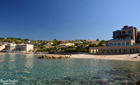 On the beach, sun loungers