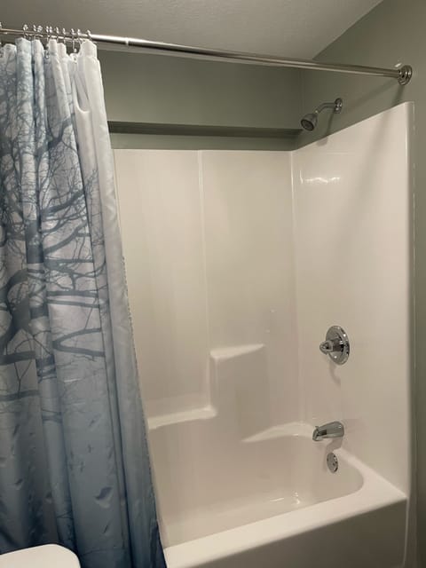 Combined shower/tub, hair dryer, towels, soap