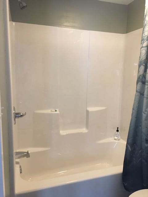 Combined shower/tub, hair dryer, towels, soap