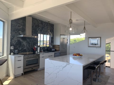 Chef kitchen with a huge eat in kitchen island 